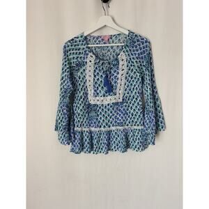 Lilly Pulitzer Top Blouse XS Blue Floral Boho Ruffles